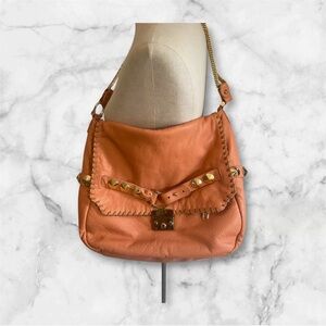Orange Leather Studded Shoulder Bag